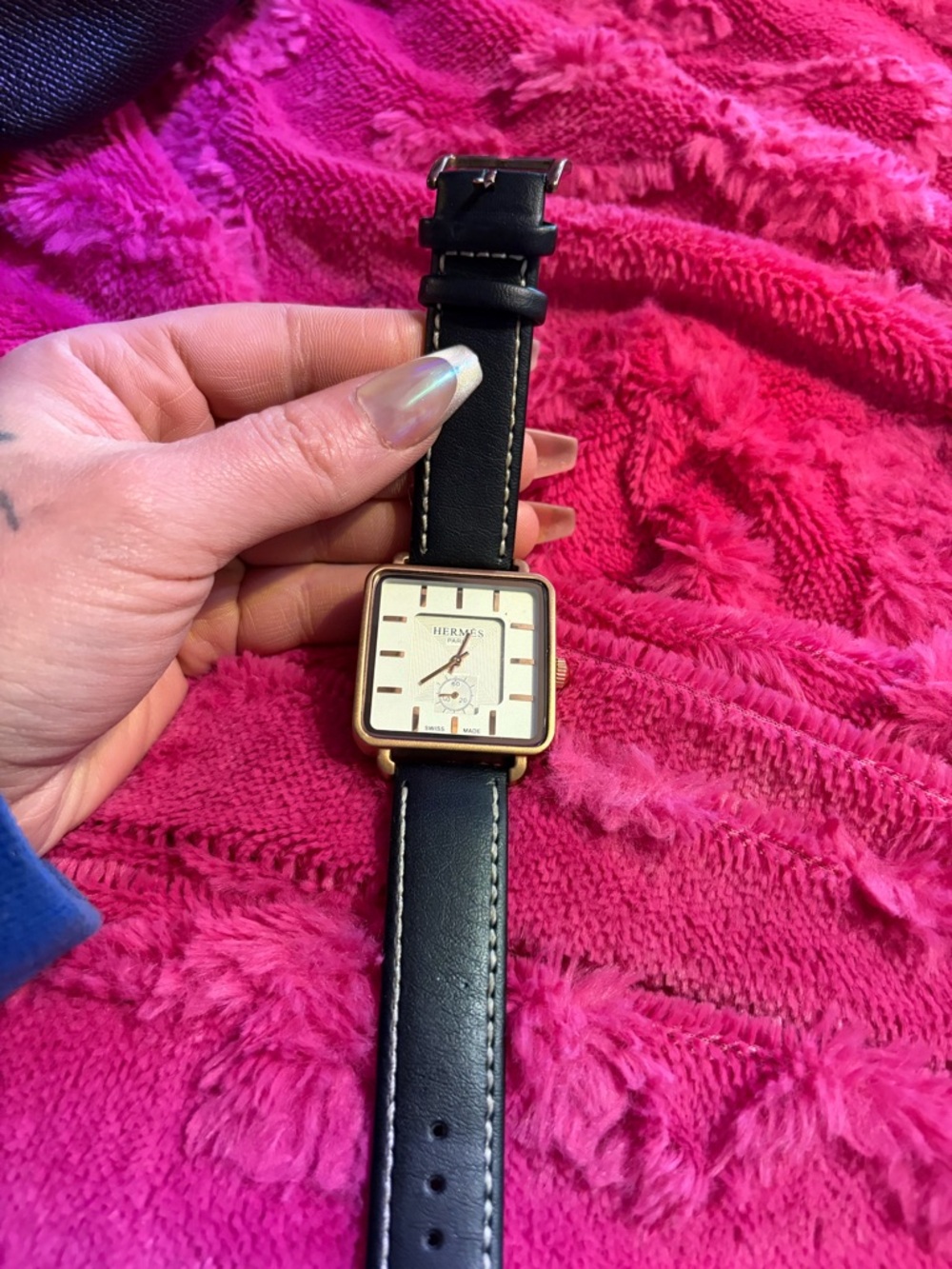 Hermes Face Leather Strap Watch in Black and Rose Gold